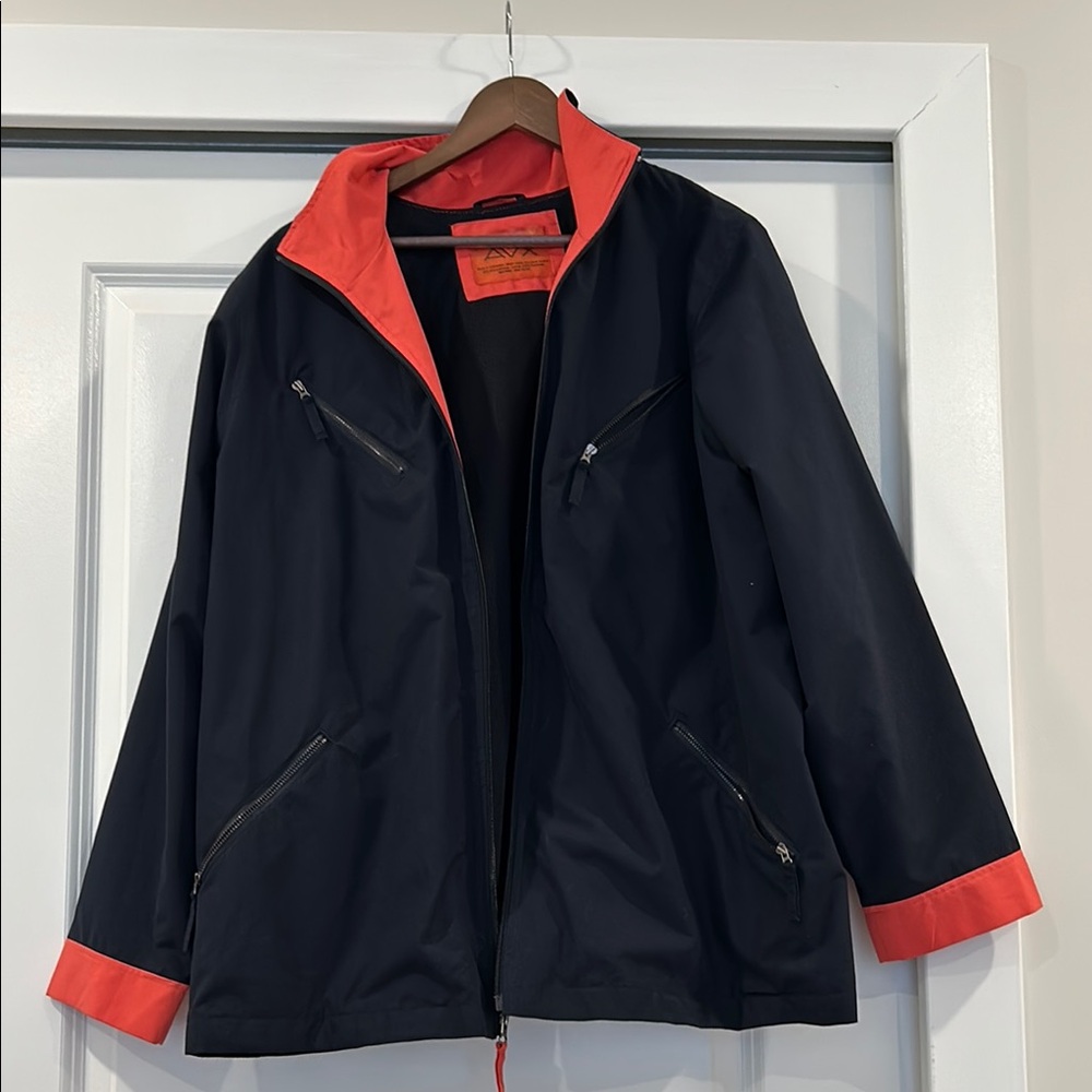 Black and Red Raincoat with Stand-Up Collar